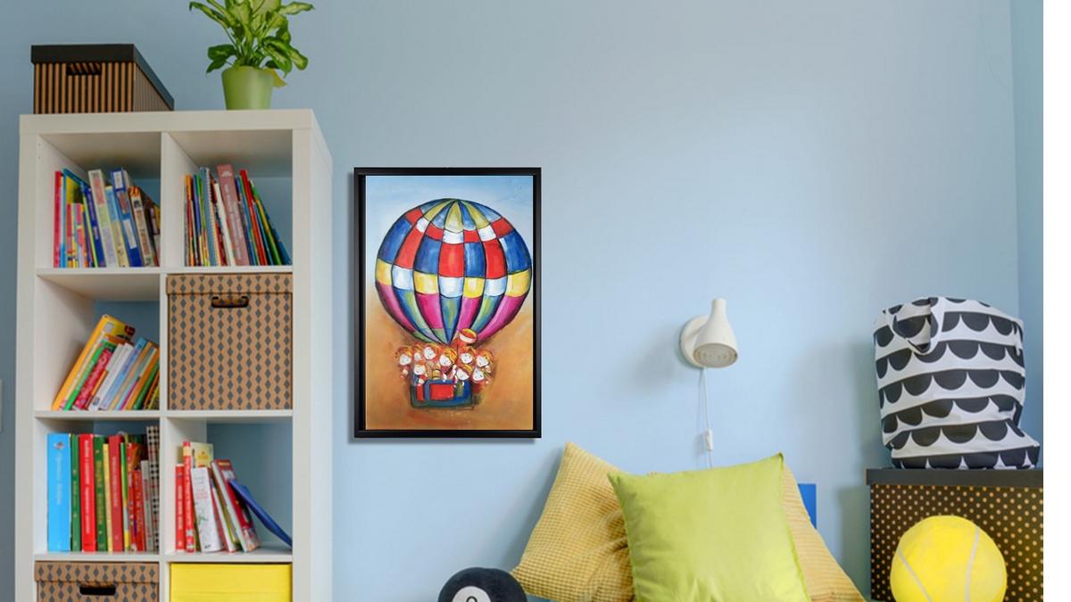 Handgemaltes Ölbild Heissluftballon mit Kindern auf Leinwand, rot-blau-gelbes Karomuster, heller Himmel, mit schwarzem Rahmen – Beispiel im Raum
