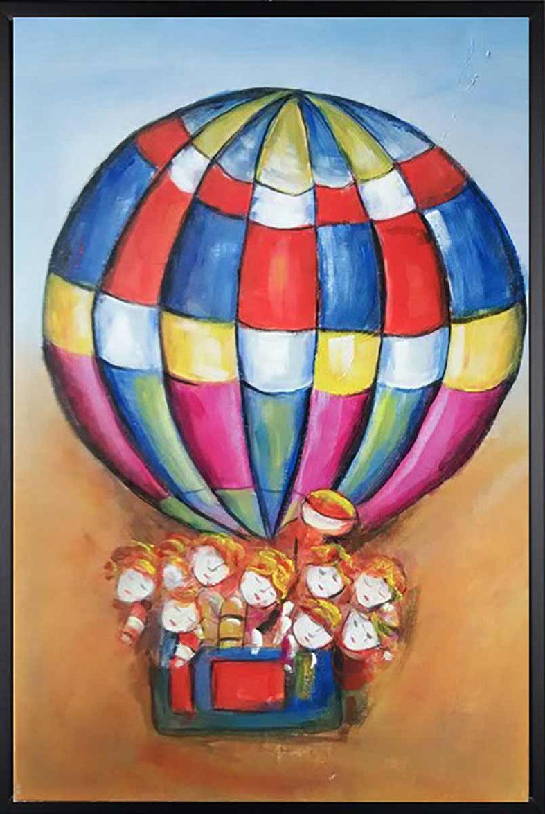 Handgemaltes Ölbild Heissluftballon mit Kindern auf Leinwand, rot-blau-gelbes Karomuster, heller Himmel, mit schwarzem Rahmen