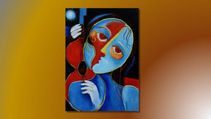 Handgemaltes Ölbild kubistische Frau mit Violine auf Leinwand, Blau und Rot, schwarze Konturen – Beispiel im Raum
