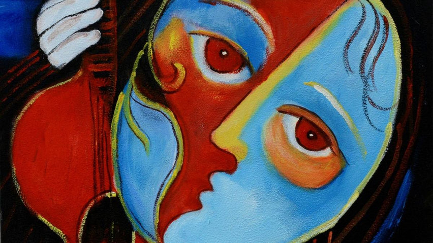 Handgemaltes Ölbild kubistische Frau mit Violine auf Leinwand, Blau und Rot, schwarze Konturen – Detailansicht