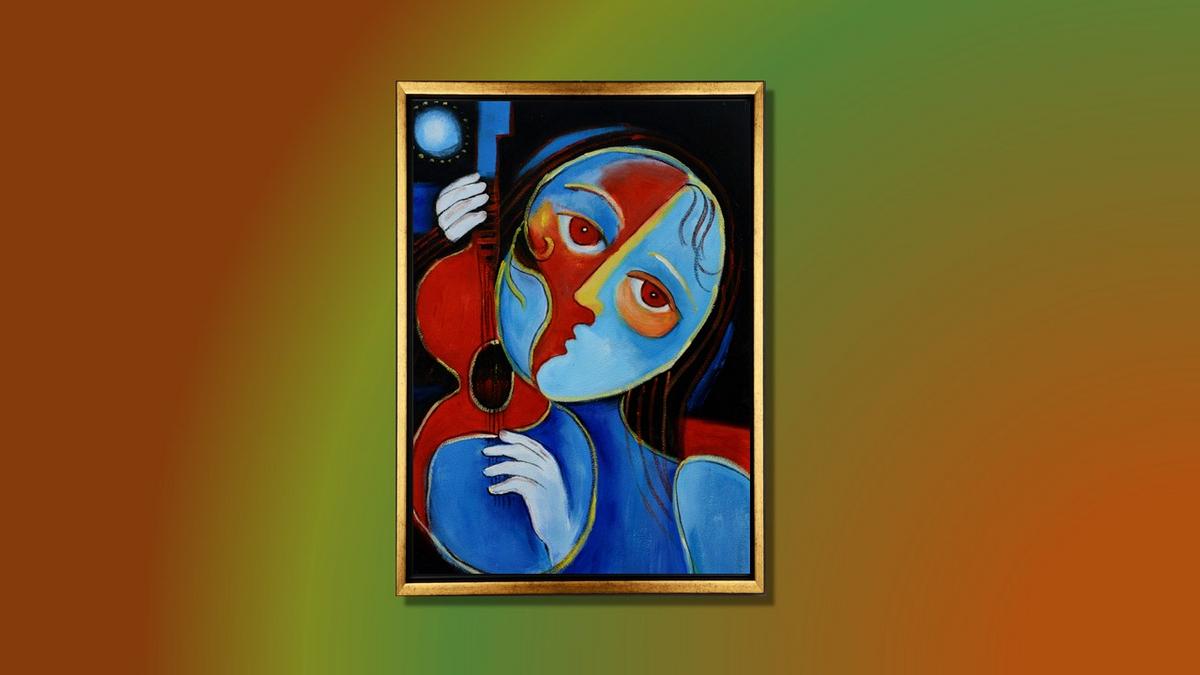 Handgemaltes Ölbild kubistische Frau mit Violine auf Leinwand, Blau und Rot, schwarze Konturen, mit schwarzem Rahmen – Beispiel im Raum