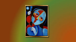 Handgemaltes Ölbild kubistische Frau mit Violine auf Leinwand, Blau und Rot, schwarze Konturen, mit schwarzem Rahmen – Beispiel im Raum