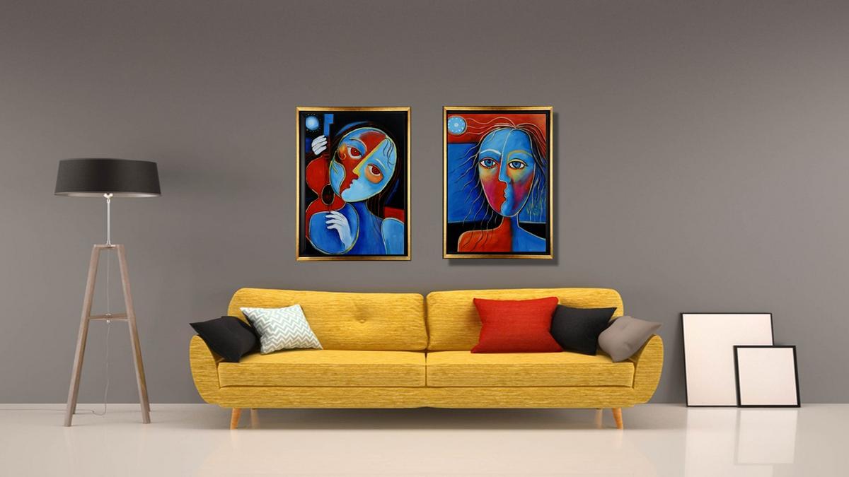 Handgemaltes Ölbild kubistische Frau mit Violine auf Leinwand, Blau und Rot, schwarze Konturen, mit schwarzem Rahmen – Beispiel im Raum