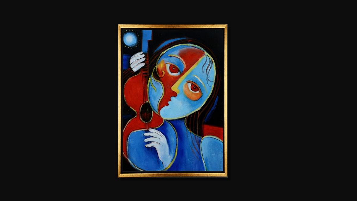 Handgemaltes Ölbild kubistische Frau mit Violine auf Leinwand, Blau und Rot, schwarze Konturen, mit schwarzem Rahmen – Beispiel im Raum