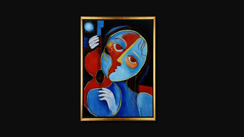Handgemaltes Ölbild kubistische Frau mit Violine auf Leinwand, Blau und Rot, schwarze Konturen, mit schwarzem Rahmen – Beispiel im Raum