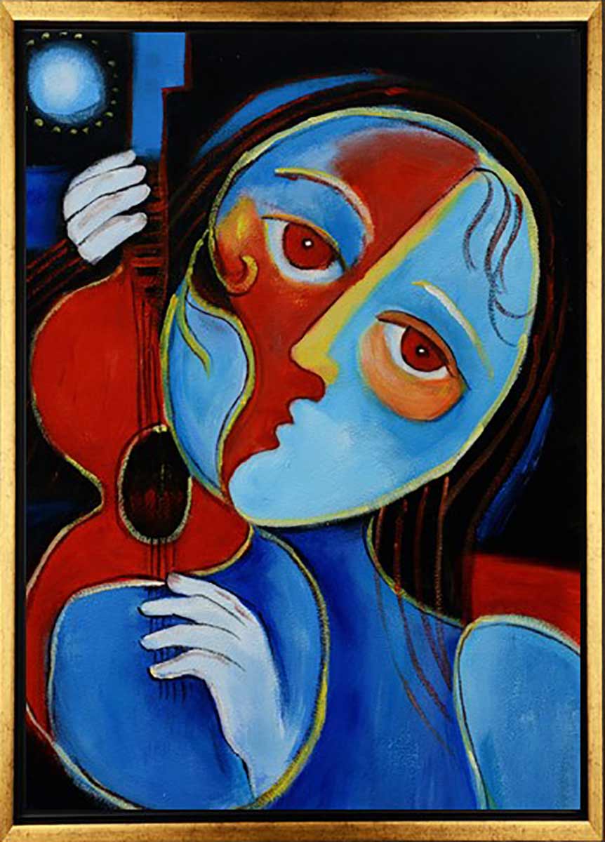 Handgemaltes Ölbild kubistische Frau mit Violine auf Leinwand, Blau und Rot, schwarze Konturen, mit schwarzem Rahmen