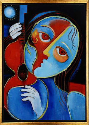 Handgemaltes Ölbild kubistische Frau mit Violine auf Leinwand, Blau und Rot, schwarze Konturen, mit schwarzem Rahmen