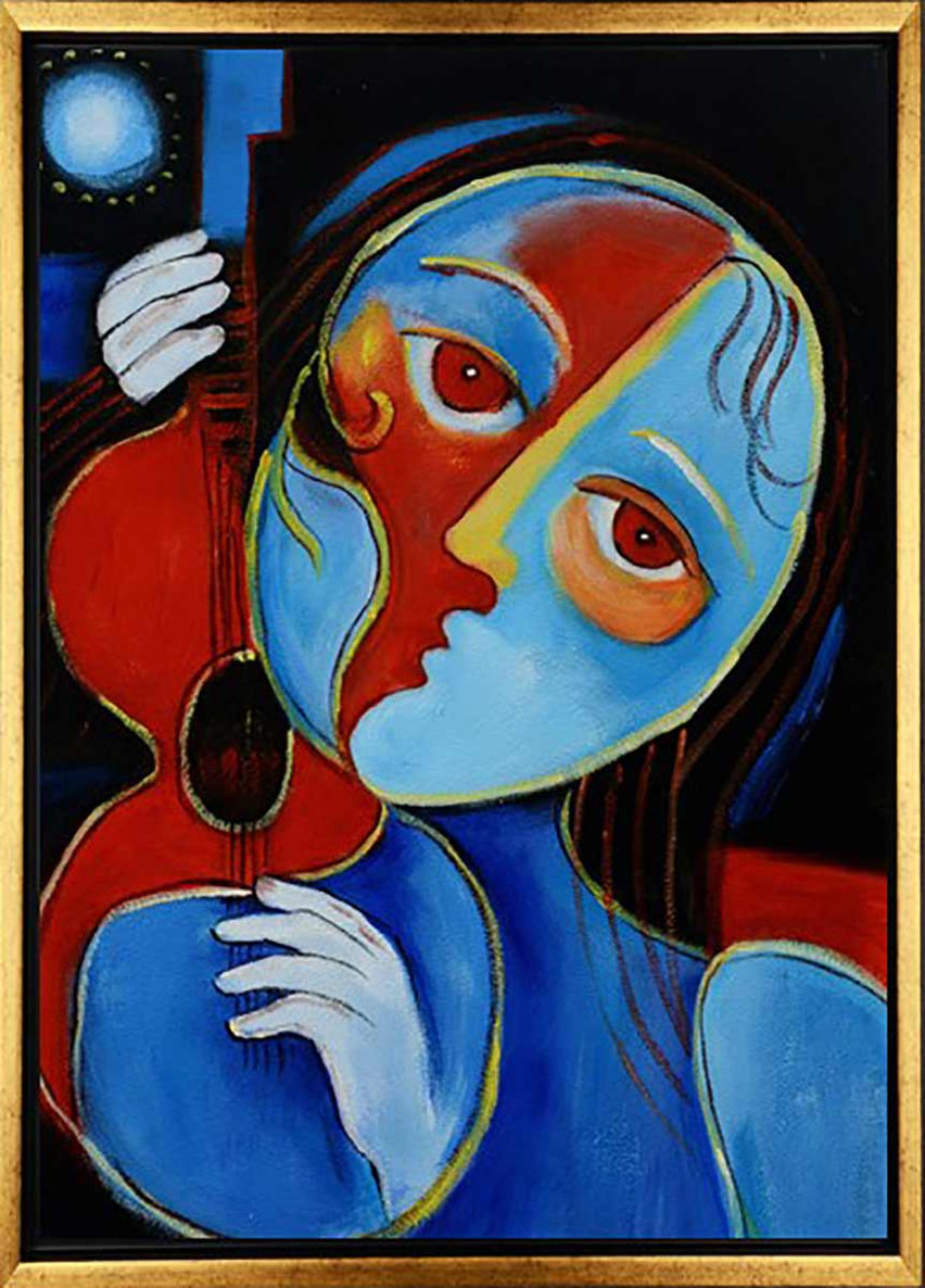 Handgemaltes Ölbild kubistische Frau mit Violine auf Leinwand, Blau und Rot, schwarze Konturen, mit schwarzem Rahmen