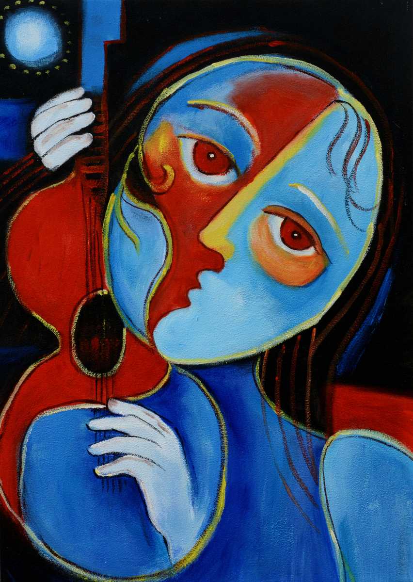 Handgemaltes Ölbild kubistische Frau mit Violine auf Leinwand, Blau und Rot, schwarze Konturen