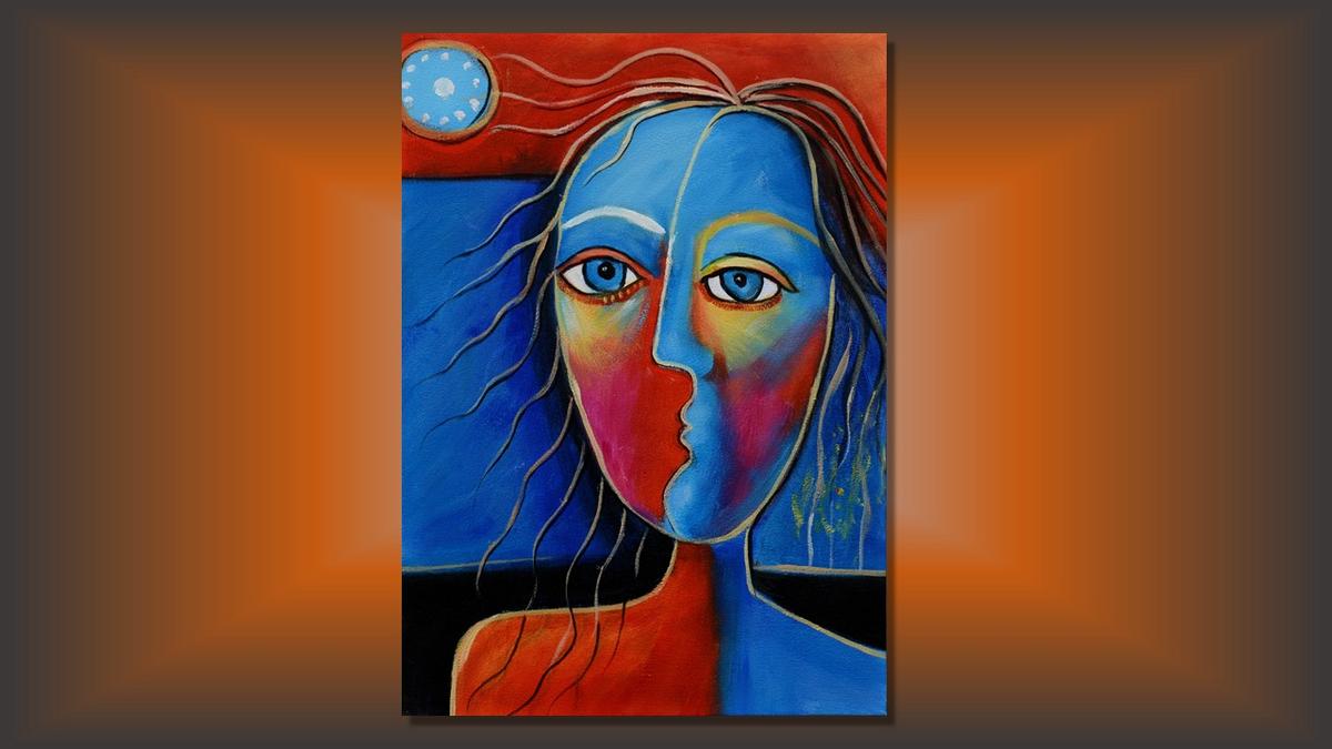 Handgemaltes Ölbild kubistisches Frauenporträt auf Leinwand, Gesicht in Blau und Rot, Mond, roter Grund – Beispiel im Raum