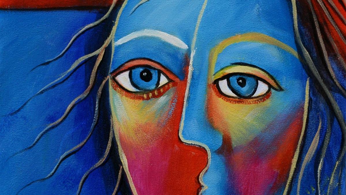Handgemaltes Ölbild kubistisches Frauenporträt auf Leinwand, Gesicht in Blau und Rot, Mond, roter Grund – Detailansicht