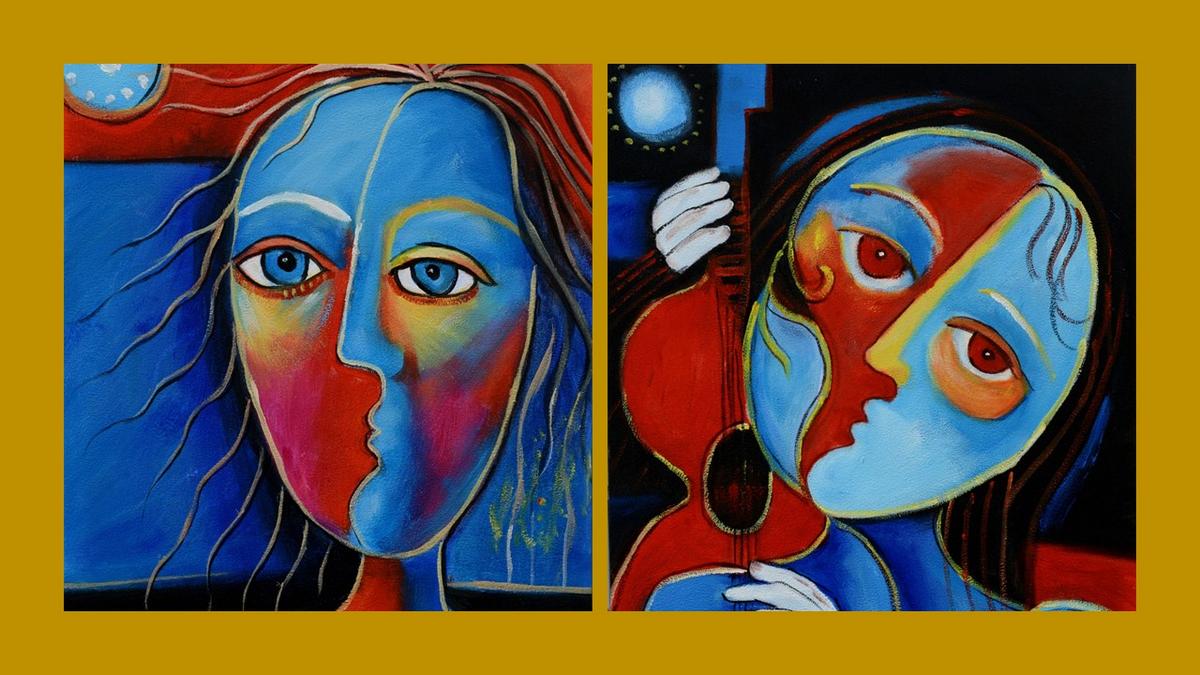 Handgemaltes Ölbild kubistisches Frauenporträt auf Leinwand, Gesicht in Blau und Rot, Mond, roter Grund – Beispiel im Raum