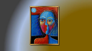 Handgemaltes Ölbild kubistisches Frauenporträt auf Leinwand, Gesicht in Blau und Rot, Mond, roter Grund, mit schwarzem Rahmen – Beispiel im Raum