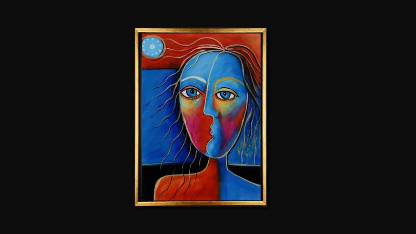 Handgemaltes Ölbild kubistisches Frauenporträt auf Leinwand, Gesicht in Blau und Rot, Mond, roter Grund, mit schwarzem Rahmen – Beispiel im Raum