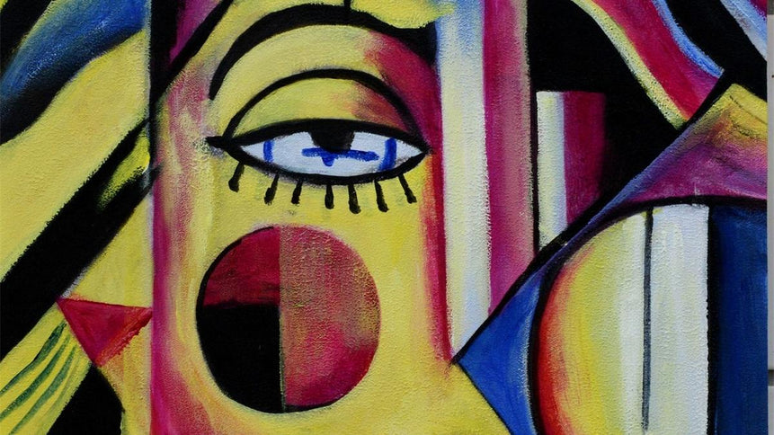 Handgemaltes Ölbild kubistisches Porträt auf Leinwand, geometrische Formen in Gelb, Magenta und Blau – Detailansicht