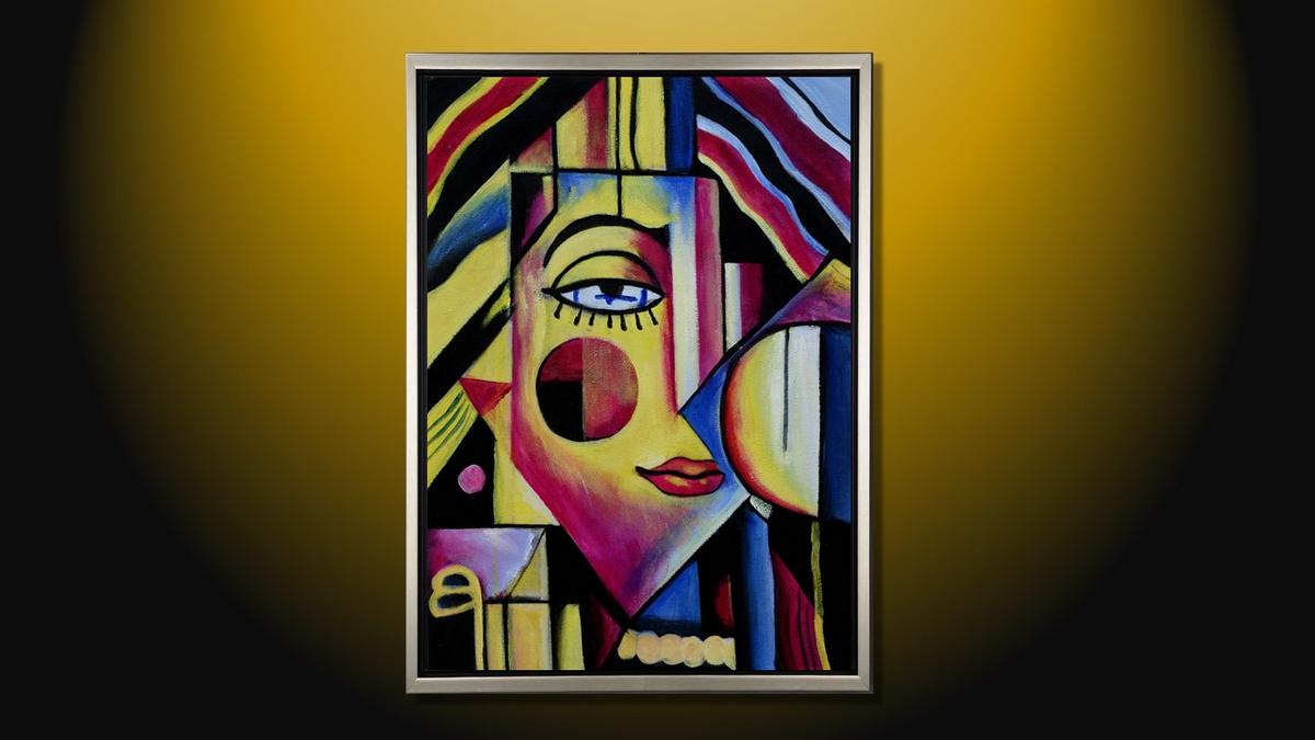 Handgemaltes Ölbild kubistisches Porträt auf Leinwand, geometrische Formen in Gelb, Magenta und Blau, mit silbernem Rahmen – Beispiel im Raum