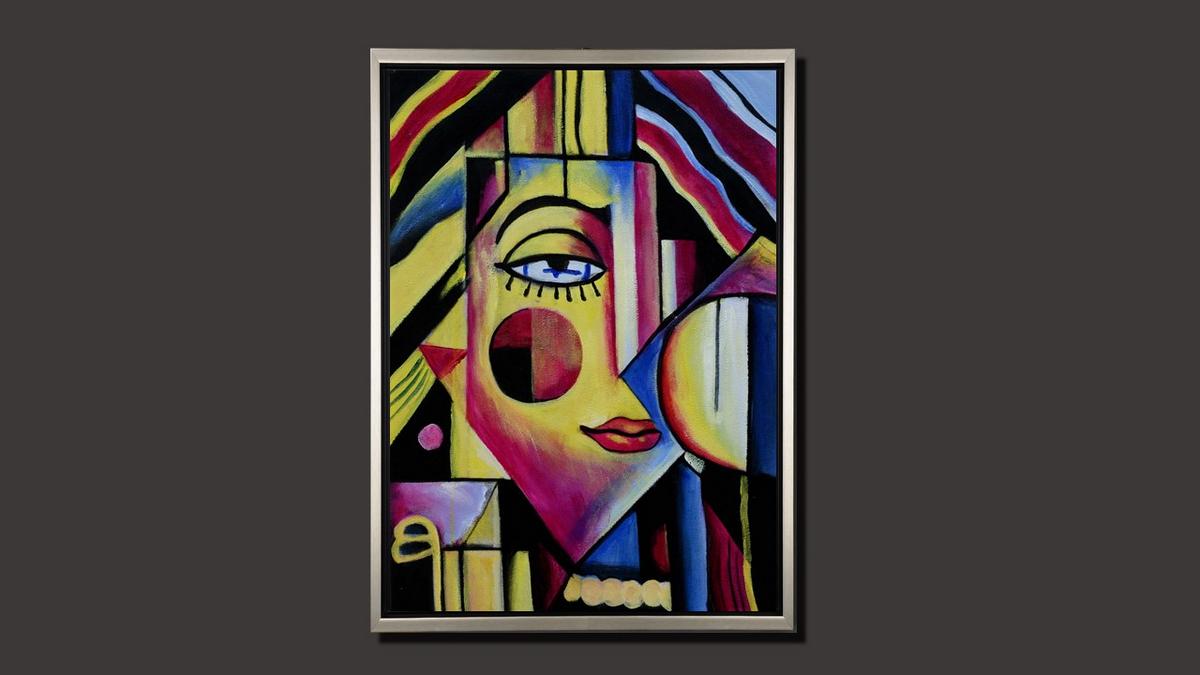 Handgemaltes Ölbild kubistisches Porträt auf Leinwand, geometrische Formen in Gelb, Magenta und Blau, mit silbernem Rahmen – Beispiel im Raum