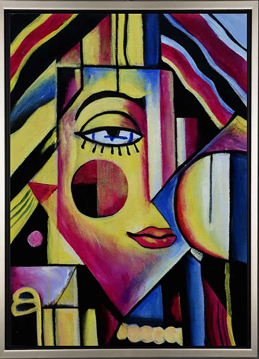 Handgemaltes Ölbild kubistisches Porträt auf Leinwand, geometrische Formen in Gelb, Magenta und Blau, mit silbernem Rahmen