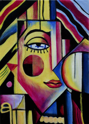 Handgemaltes Ölbild kubistisches Porträt auf Leinwand, geometrische Formen in Gelb, Magenta und Blau