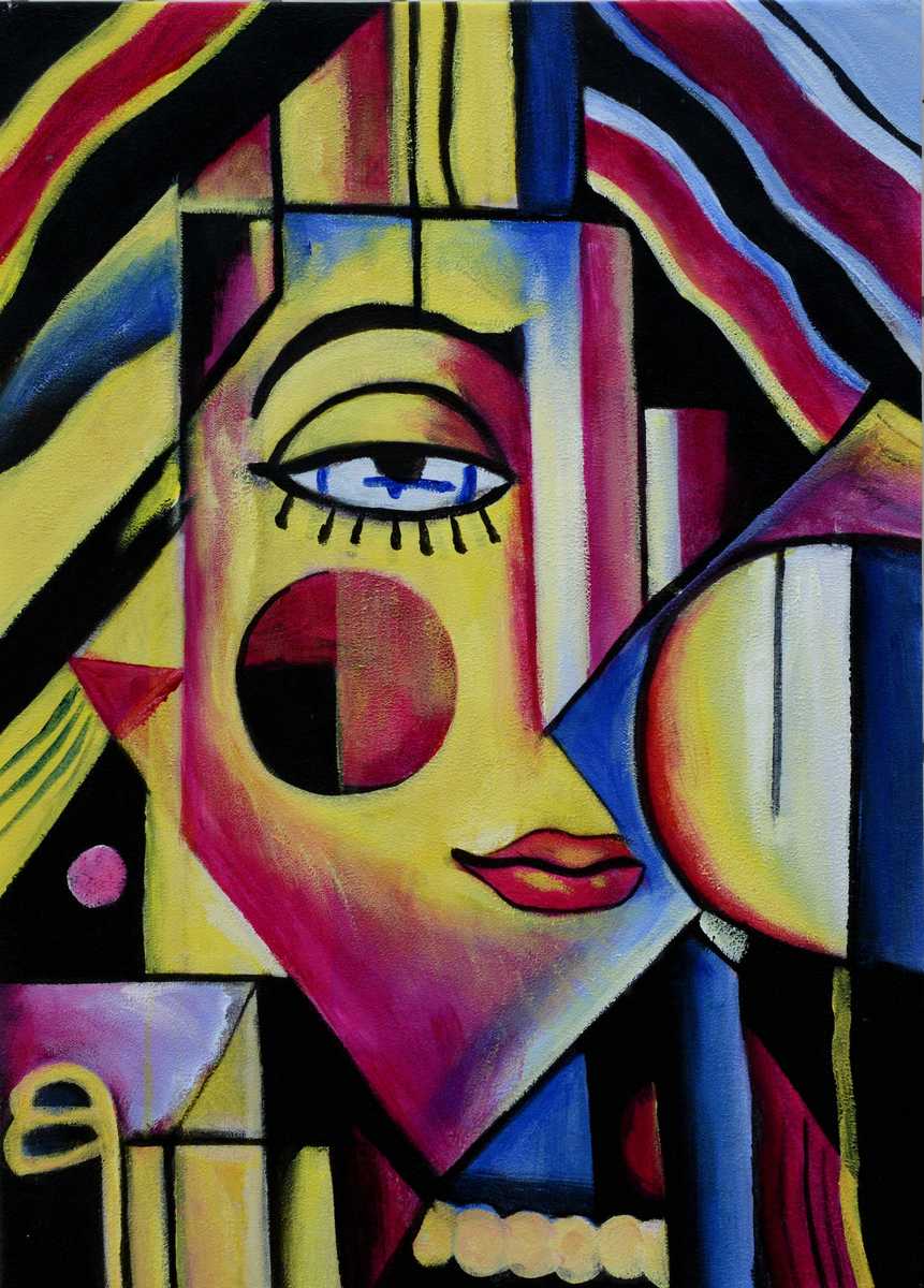 Handgemaltes Ölbild kubistisches Porträt auf Leinwand, geometrische Formen in Gelb, Magenta und Blau