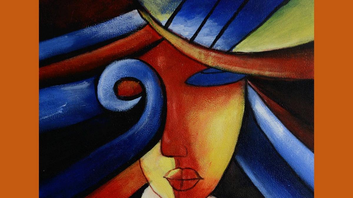 Handgemaltes Ölbild kubistische Dame mit blauem Hut auf Leinwand, rote Lippen, Blau, Rot und Creme – Detailansicht