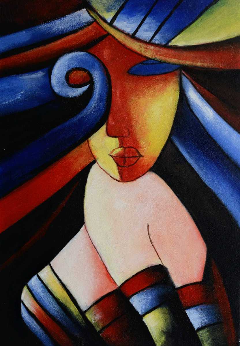Handgemaltes Ölbild kubistische Dame mit blauem Hut auf Leinwand, rote Lippen, Blau, Rot und Creme