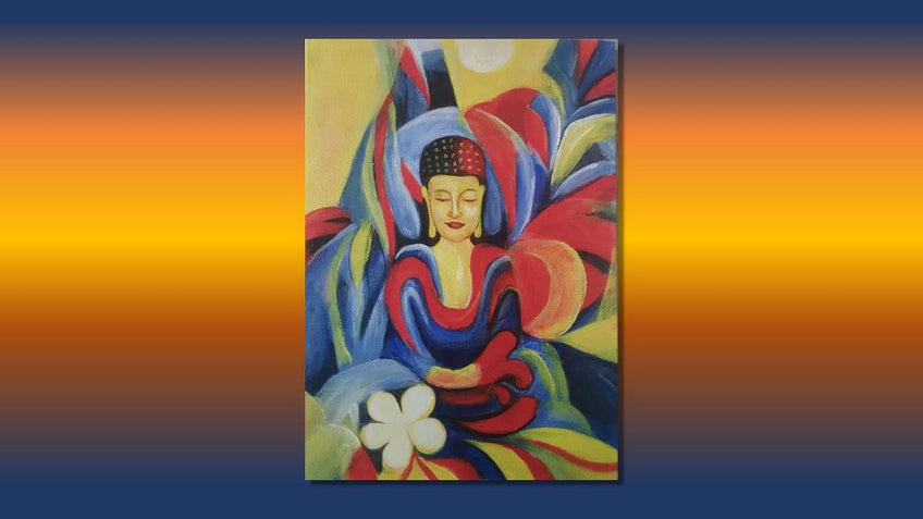Handgemaltes Ölbild meditierender Buddha auf Leinwand, farbige Formen in Blau, Rot, Gelb, weisse Blüte – Beispiel im Raum