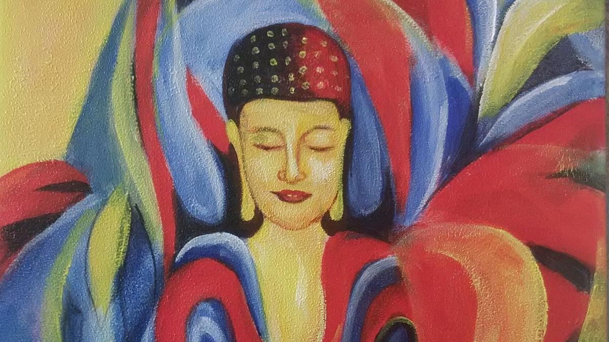 Handgemaltes Ölbild meditierender Buddha auf Leinwand, farbige Formen in Blau, Rot, Gelb, weisse Blüte – Detailansicht