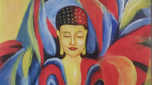Handgemaltes Ölbild meditierender Buddha auf Leinwand, farbige Formen in Blau, Rot, Gelb, weisse Blüte – Detailansicht