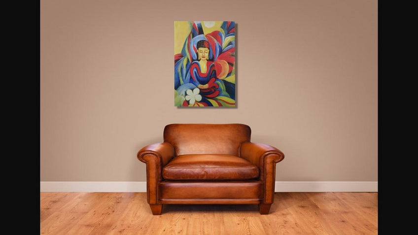 Handgemaltes Ölbild meditierender Buddha auf Leinwand, farbige Formen in Blau, Rot, Gelb, weisse Blüte – Beispiel im Raum