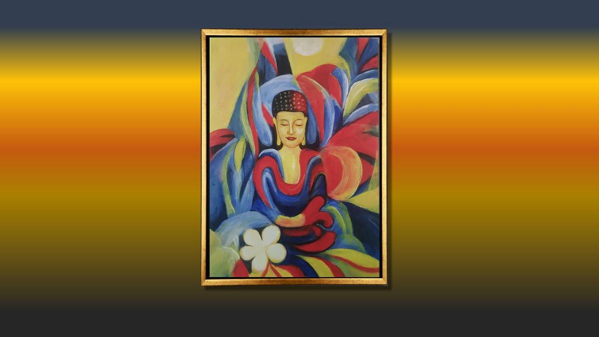 Handgemaltes Ölbild meditierender Buddha auf Leinwand, farbige Formen in Blau, Rot, Gelb, weisse Blüte, mit goldenem Rahmen – Beispiel im Raum
