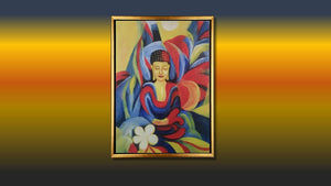Handgemaltes Ölbild meditierender Buddha auf Leinwand, farbige Formen in Blau, Rot, Gelb, weisse Blüte, mit goldenem Rahmen – Beispiel im Raum