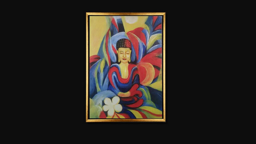 Handgemaltes Ölbild meditierender Buddha auf Leinwand, farbige Formen in Blau, Rot, Gelb, weisse Blüte, mit goldenem Rahmen – Beispiel im Raum