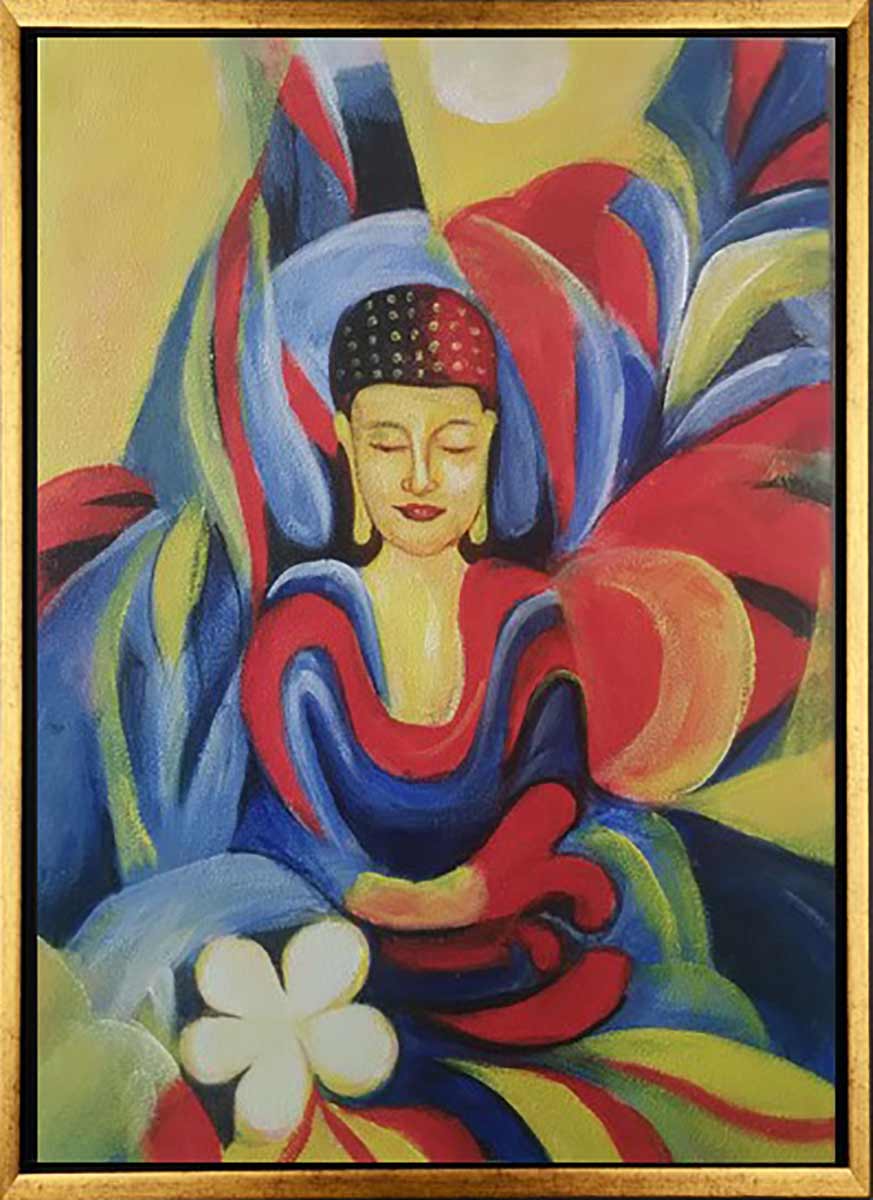 Handgemaltes Ölbild meditierender Buddha auf Leinwand, farbige Formen in Blau, Rot, Gelb, weisse Blüte, mit goldenem Rahmen