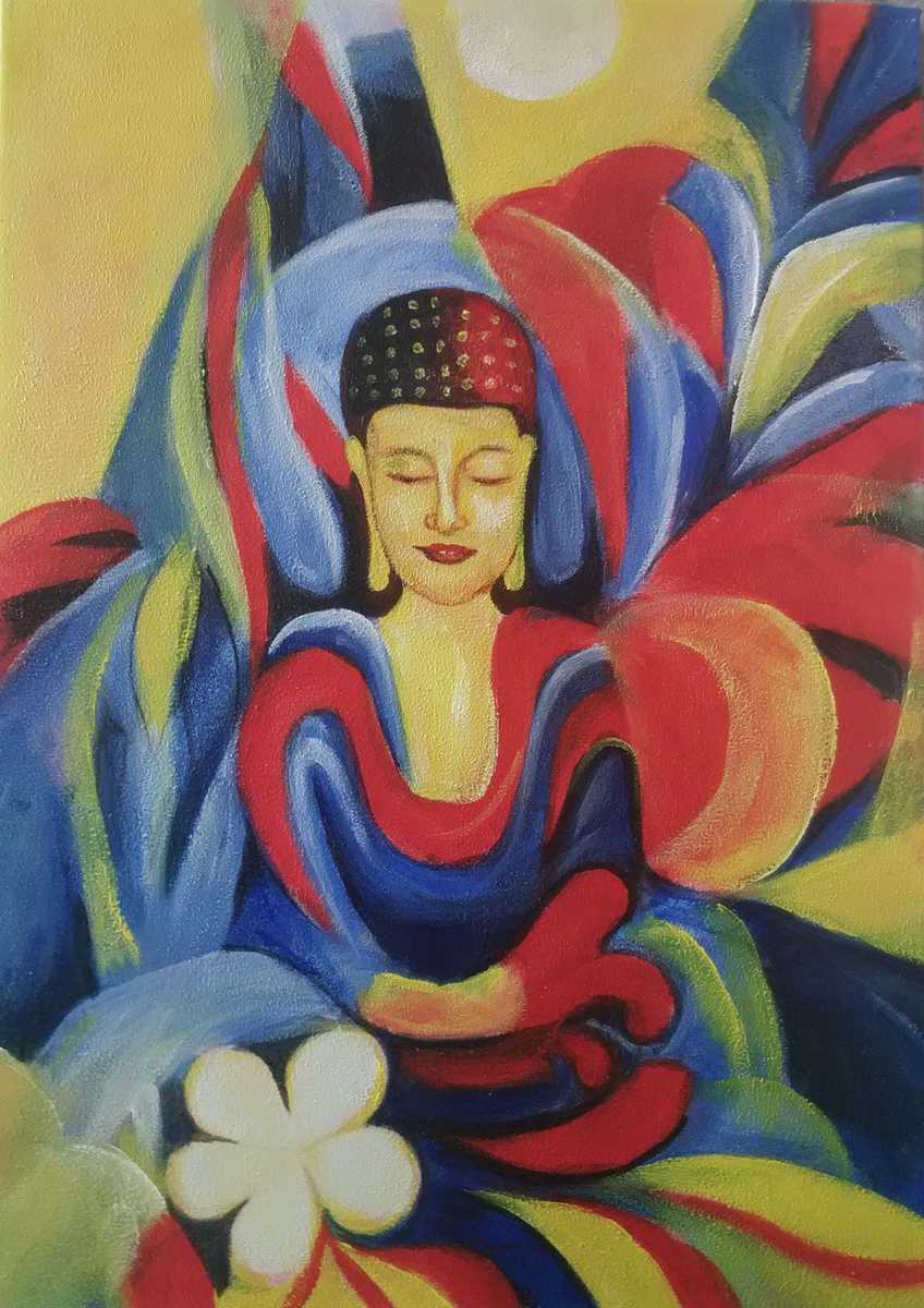 Handgemaltes Ölbild meditierender Buddha auf Leinwand, farbige Formen in Blau, Rot, Gelb, weisse Blüte