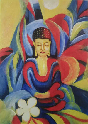 Handgemaltes Ölbild meditierender Buddha auf Leinwand, farbige Formen in Blau, Rot, Gelb, weisse Blüte