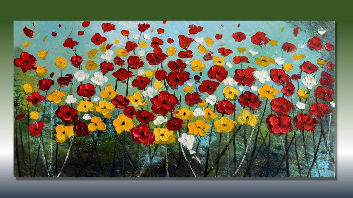 Handgemaltes Ölbild bunte Blumenwiese auf Leinwand, rote, gelbe und weisse Blüten vor türkisem Himmel – Beispiel im Raum