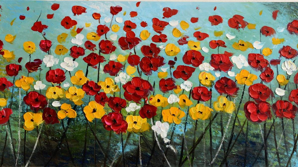 Handgemaltes Ölbild bunte Blumenwiese auf Leinwand, rote, gelbe und weisse Blüten vor türkisem Himmel – Detailansicht