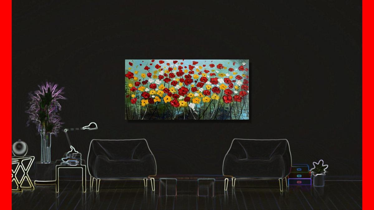 Handgemaltes Ölbild bunte Blumenwiese auf Leinwand, rote, gelbe und weisse Blüten vor türkisem Himmel – Beispiel im Raum