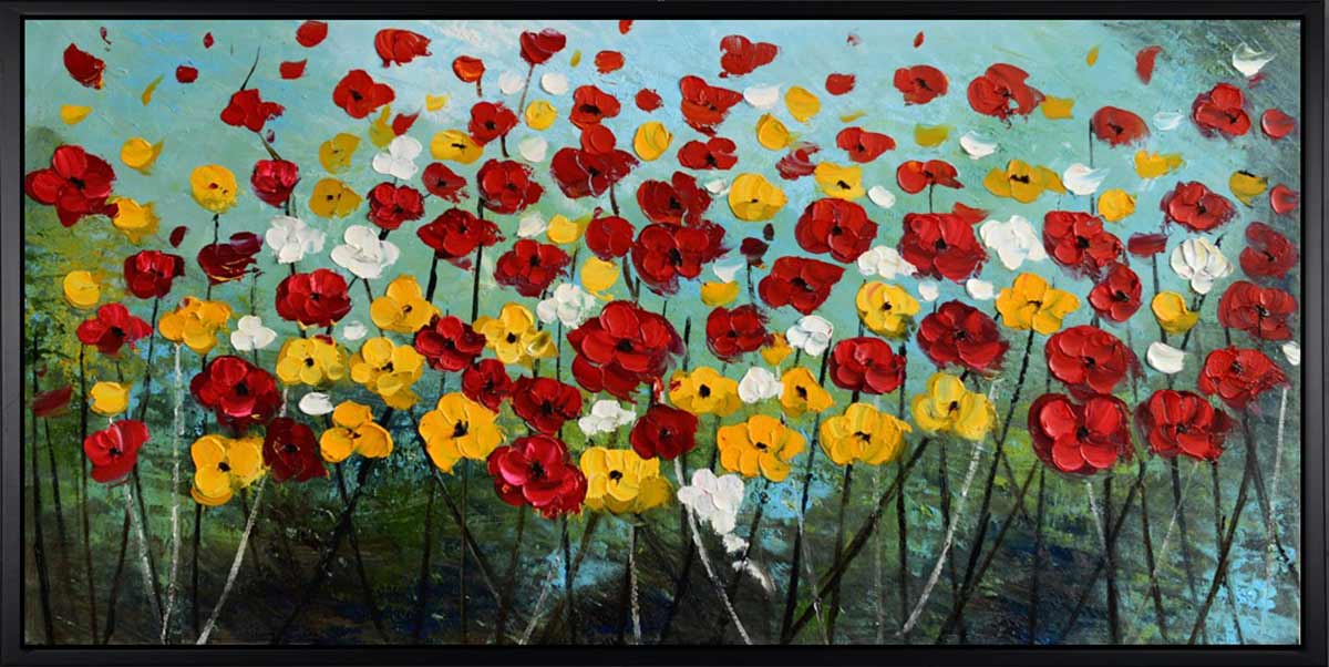 Handgemaltes Ölbild bunte Blumenwiese auf Leinwand, rote, gelbe und weisse Blüten vor türkisem Himmel, mit schwarzem Rahmen