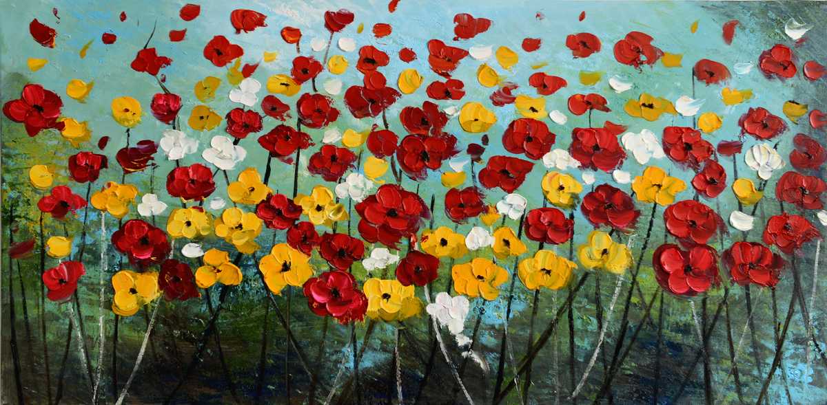 Handgemaltes Ölbild bunte Blumenwiese auf Leinwand, rote, gelbe und weisse Blüten vor türkisem Himmel