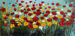 Handgemaltes Ölbild bunte Blumenwiese auf Leinwand, rote, gelbe und weisse Blüten vor türkisem Himmel