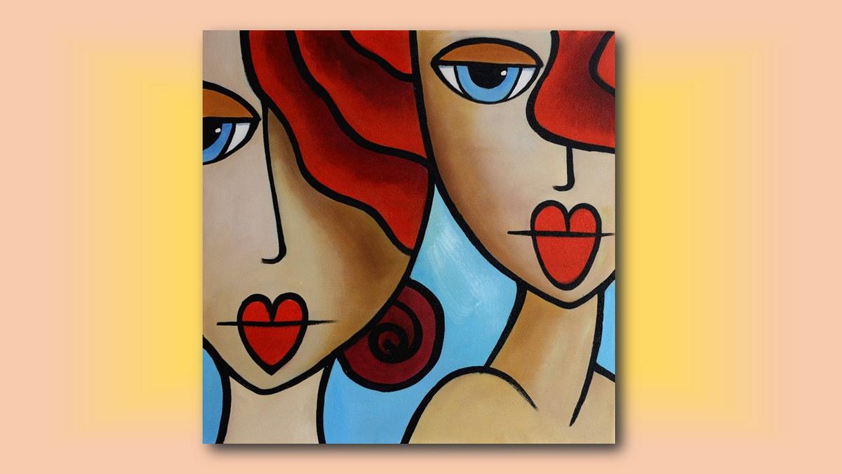 Handgemaltes Ölbild zwei Frauen im Kubismus-Stil auf Leinwand, rote Haare, Herzlippen, hellblauer Grund – Beispiel im Raum