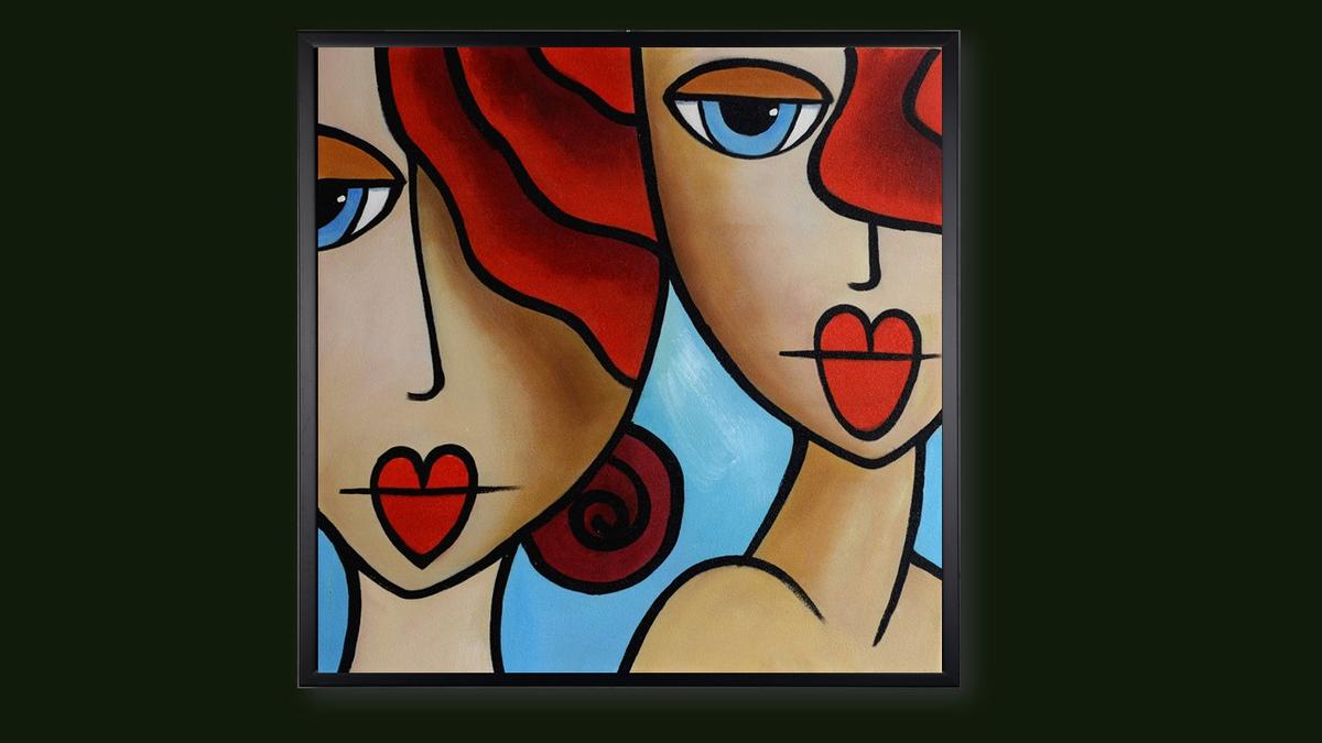 Handgemaltes Ölbild zwei Frauen im Kubismus-Stil auf Leinwand, rote Haare, Herzlippen, hellblauer Grund, mit schwarzem Rahmen – Beispiel im Raum