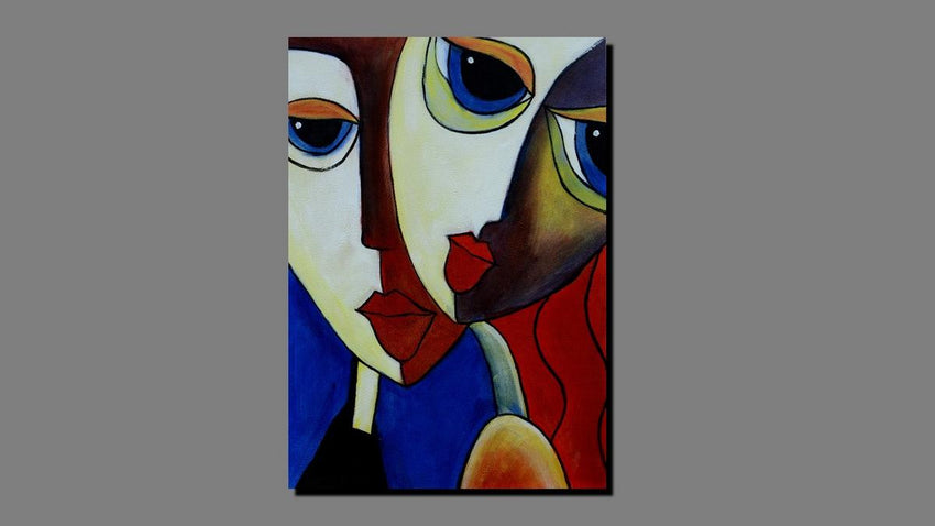 Handgemaltes Ölbild zwei Gesichter im Kubismus-Stil auf Leinwand, Creme, Braun, Rot und Blau – Beispiel im Raum