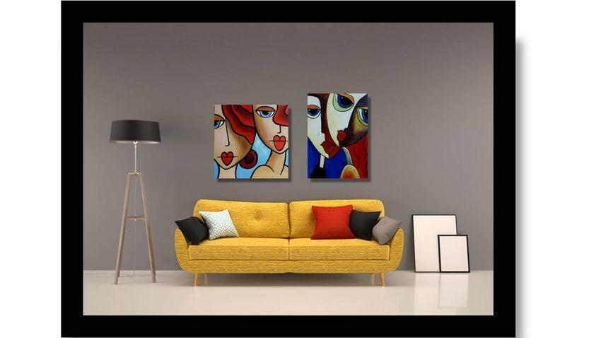 Handgemaltes Ölbild zwei Gesichter im Kubismus-Stil auf Leinwand, Creme, Braun, Rot und Blau – Beispiel im Raum