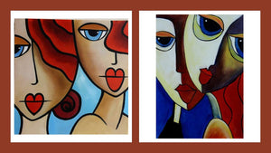 Handgemaltes Ölbild zwei Gesichter im Kubismus-Stil auf Leinwand, Creme, Braun, Rot und Blau – Beispiel im Raum