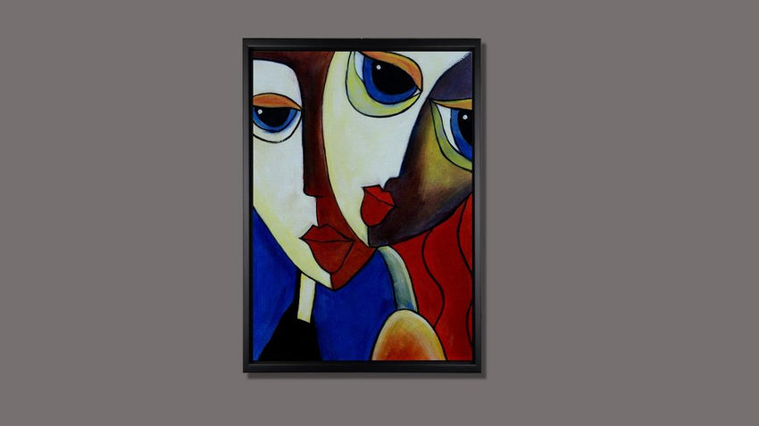 Handgemaltes Ölbild zwei Gesichter im Kubismus-Stil auf Leinwand, Creme, Braun, Rot und Blau, mit schwarzem Rahmen – Beispiel im Raum