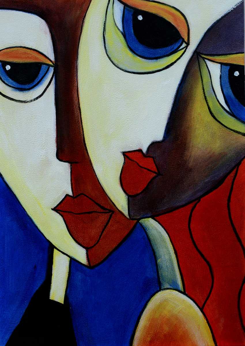 Handgemaltes Ölbild zwei Gesichter im Kubismus-Stil auf Leinwand, Creme, Braun, Rot und Blau