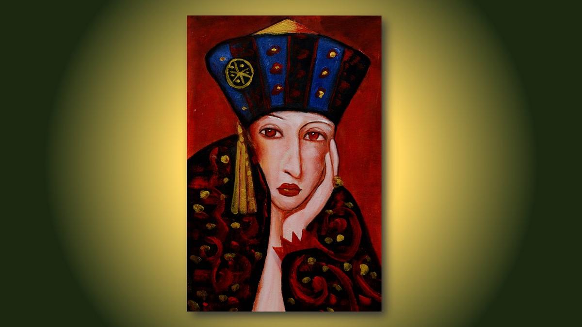 Handgemaltes Ölbild Dame mit orientalischem Hut auf Leinwand, Blau und Gold, roter Hintergrund – Beispiel im Raum